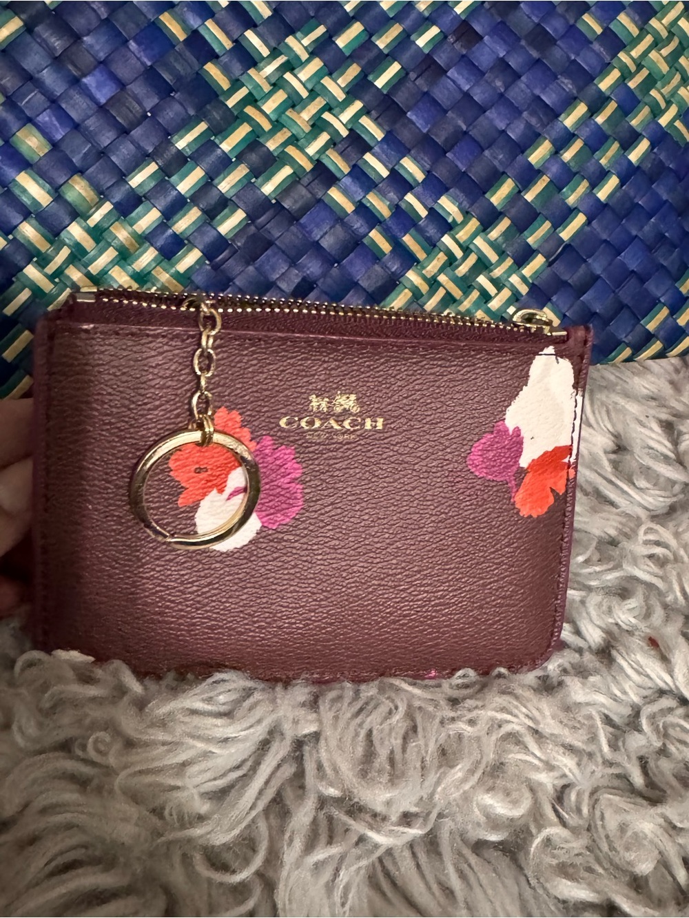 Coach Burgundy Floral Leather Zip Key Card Case